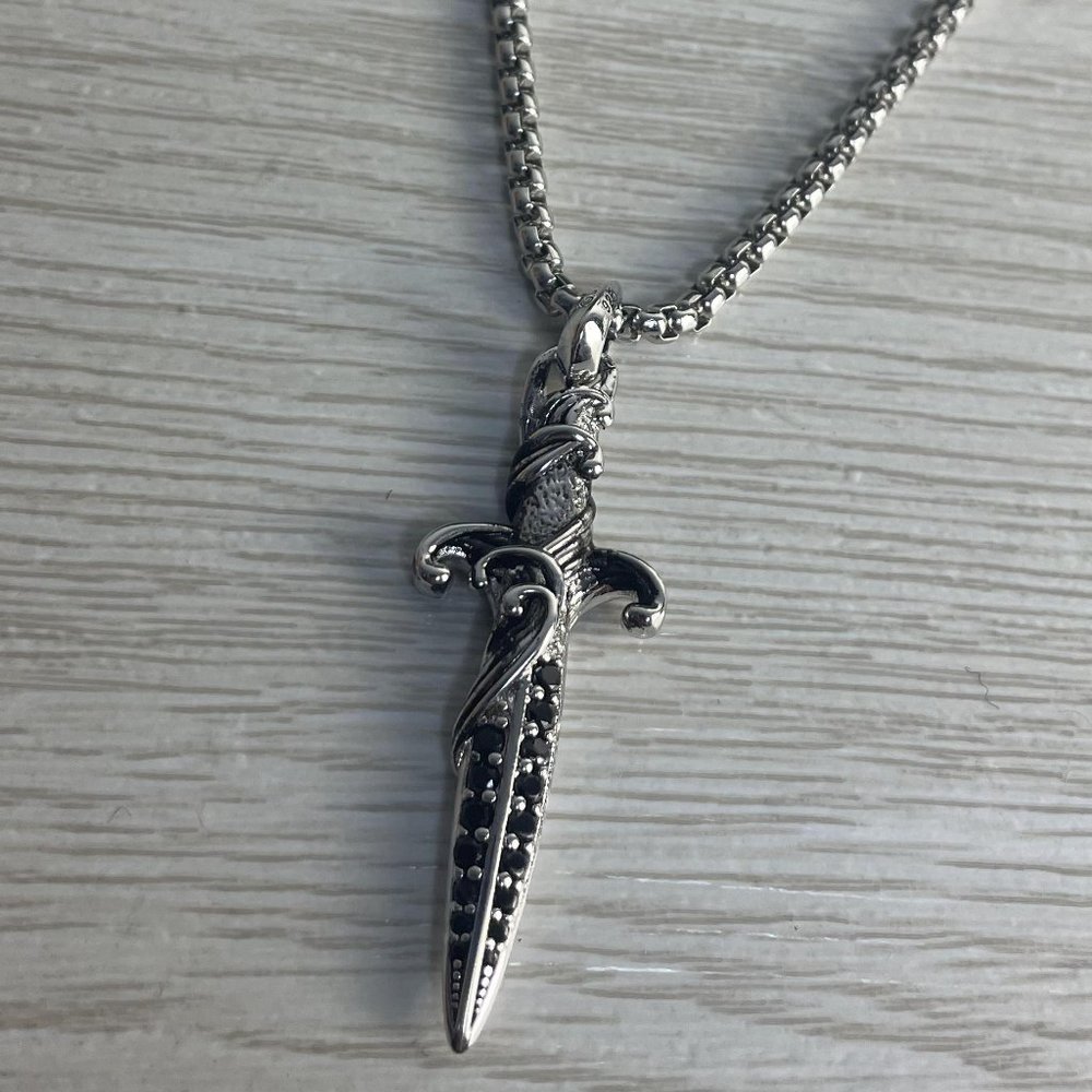 Sterling Silver Black Diamond  Waves  Dagger David Yurman  Pendant with 22" Chai